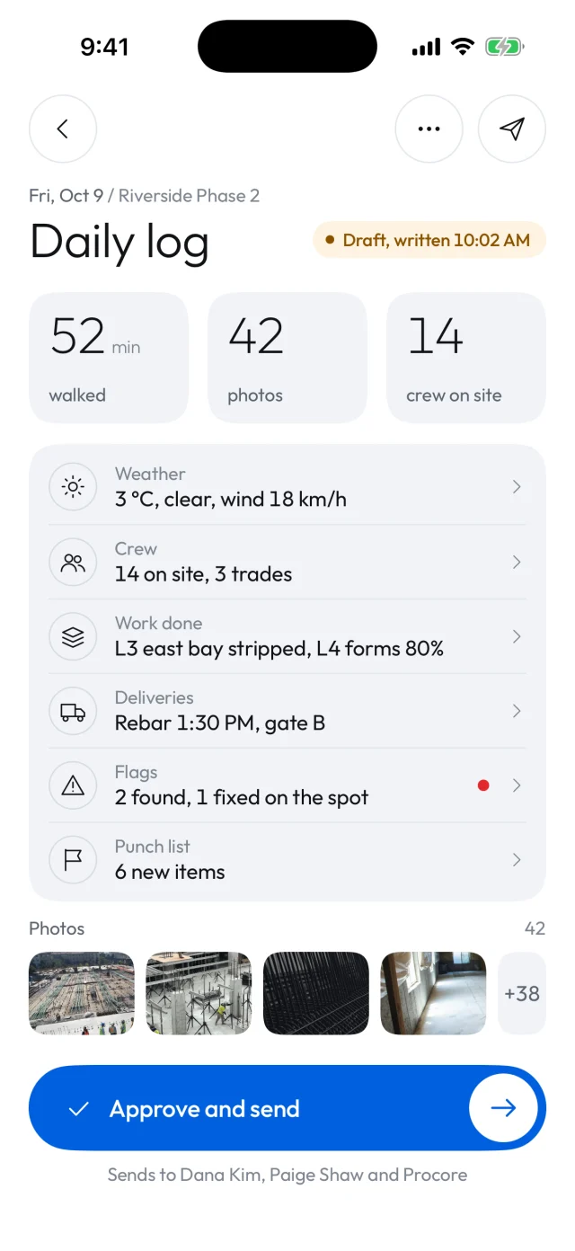 The daily log Vedo drafted: weather, crew, work done, deliveries, flags and punch list