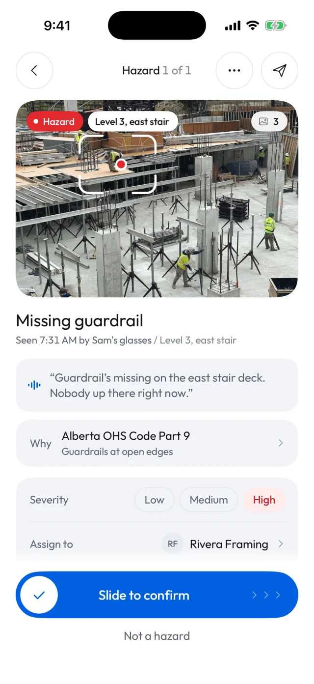 A hazard Vedo found: missing guardrail on level 3, with the Alberta OHS rule