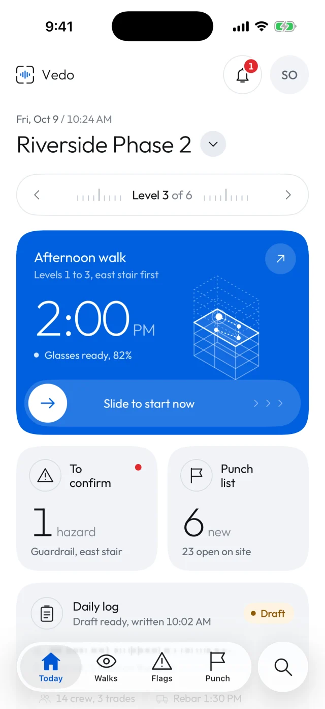 Vedo's Today screen: the afternoon walk at 2:00 PM, glasses ready, slide to start