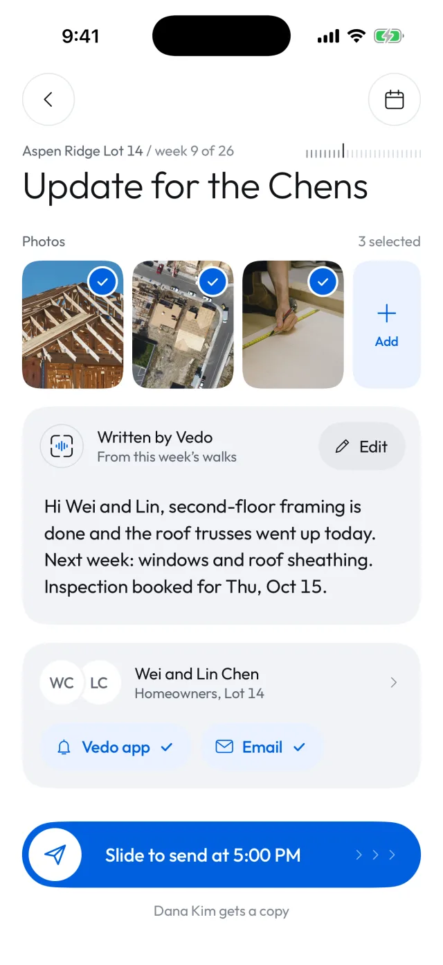 A homeowner update written by Vedo for the Chen family, with three photos