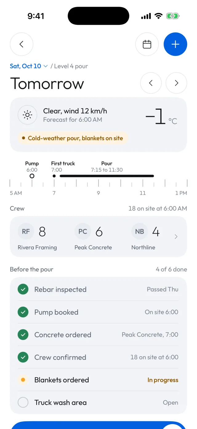 Tomorrow's plan in Vedo: forecast, pour timeline, crews and the checklist before the pour