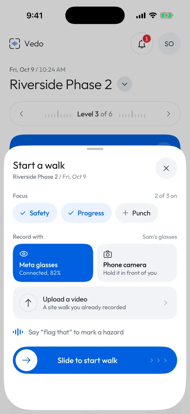 Starting a walk: focus on safety and progress, record with Meta glasses or the phone camera, or upload a video