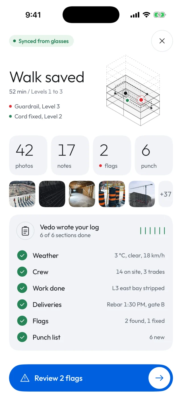 A saved walk: 52 minutes on levels 1 to 3, 42 photos, 2 flags, and the log Vedo wrote from it